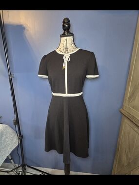 Karl Lagerfeld Paris Black Fit & Flare Dress Womens 2 White Trim Tie Neck Mini